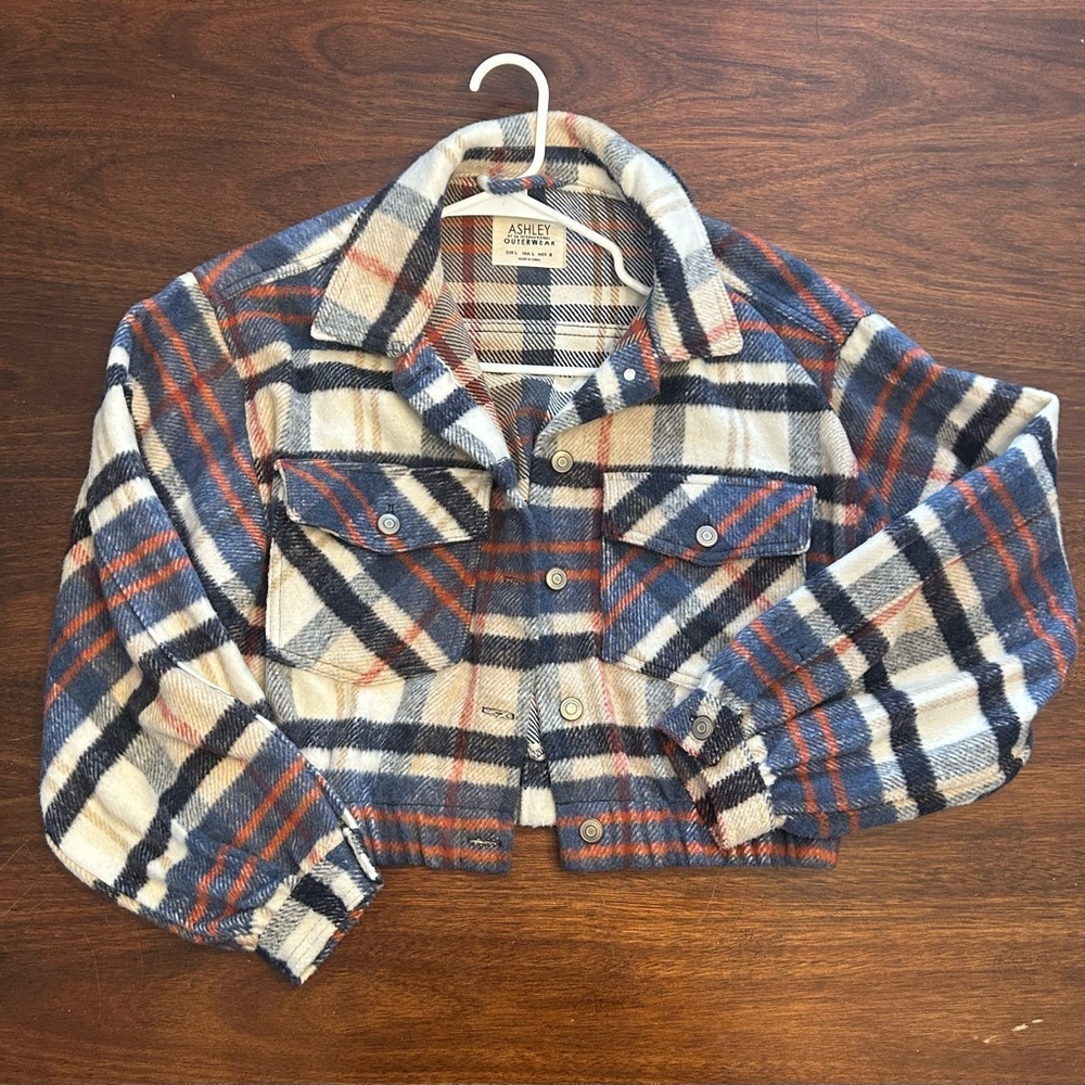 Ardene Plaid Cropped Bomber Jacket for Women - Blue and Cream